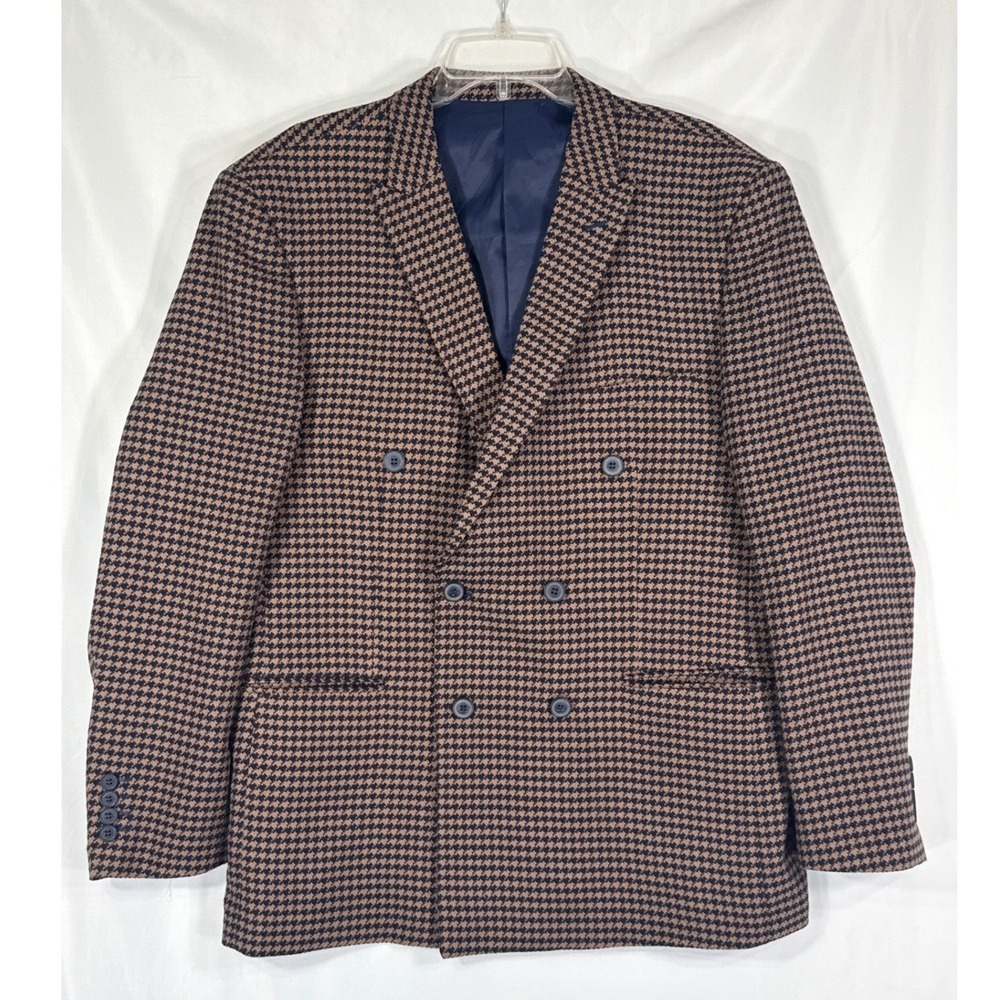 Alain Dupetit Mens Brown Blue Houndstooth Double Breasted Blazer Sport‎ Coat 44R